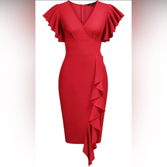 Knitee Women’s Deep-V Neck Ruffle Sleeves Cocktail Pencil Slit Formal Dress - Picture 3 of 6